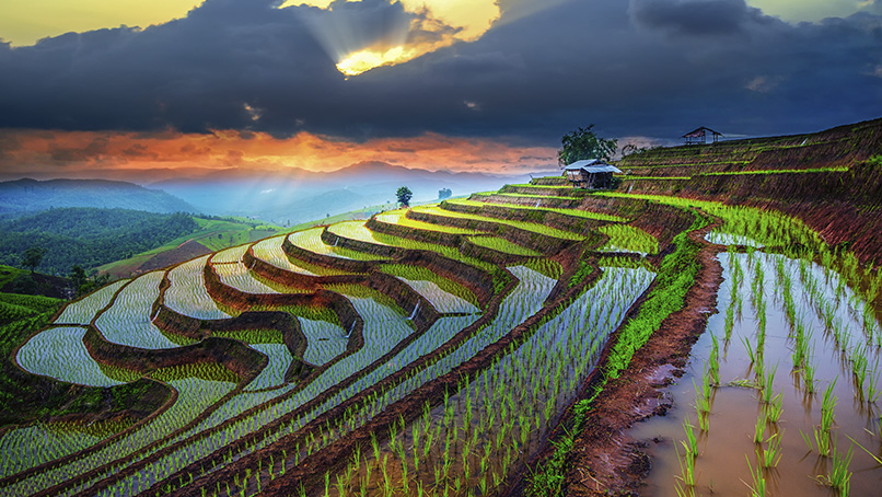 Terraced hillsides at sunset in northern Thailand