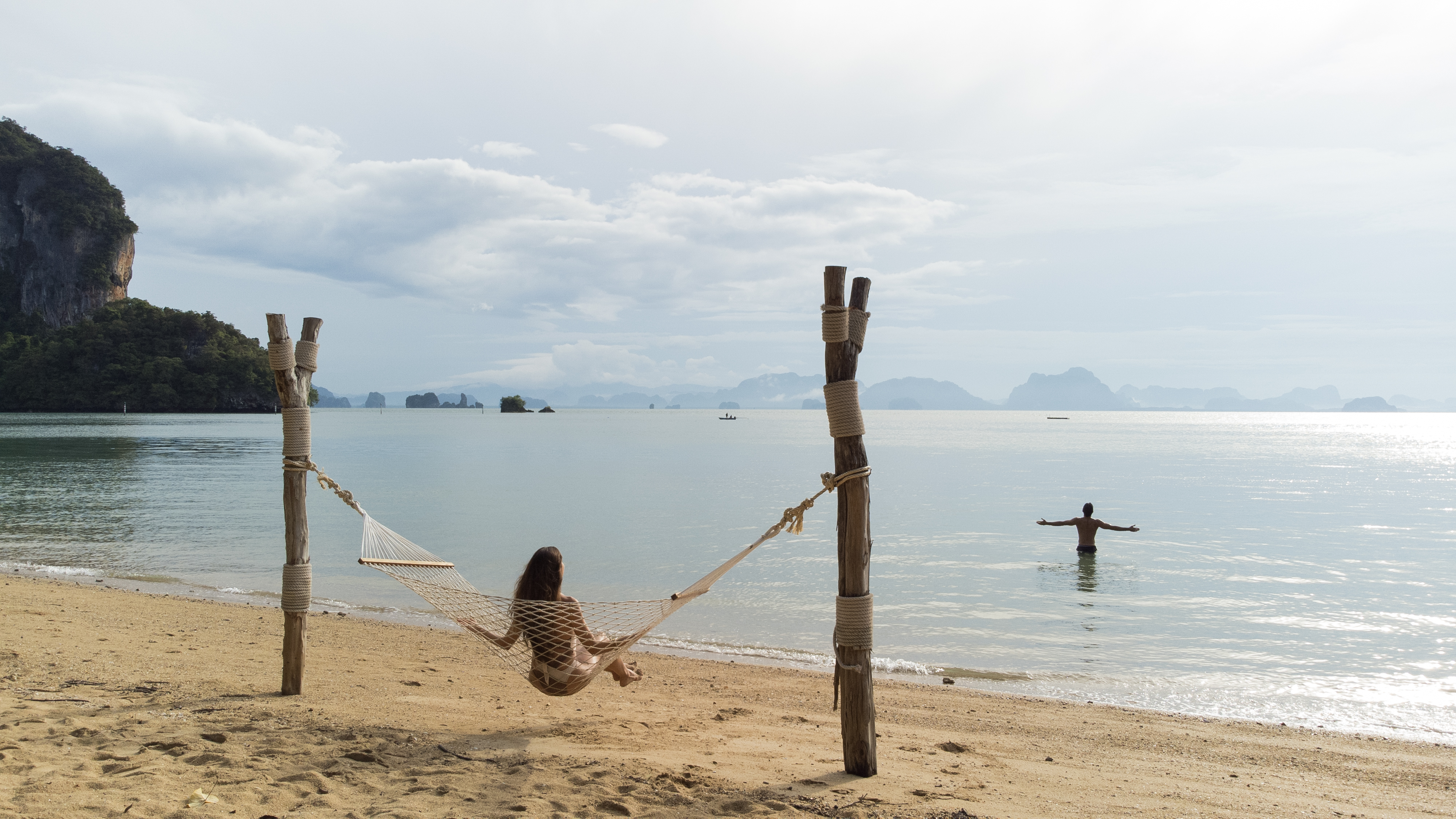 Hammock on the beach with Phang Nga Bay beyond
